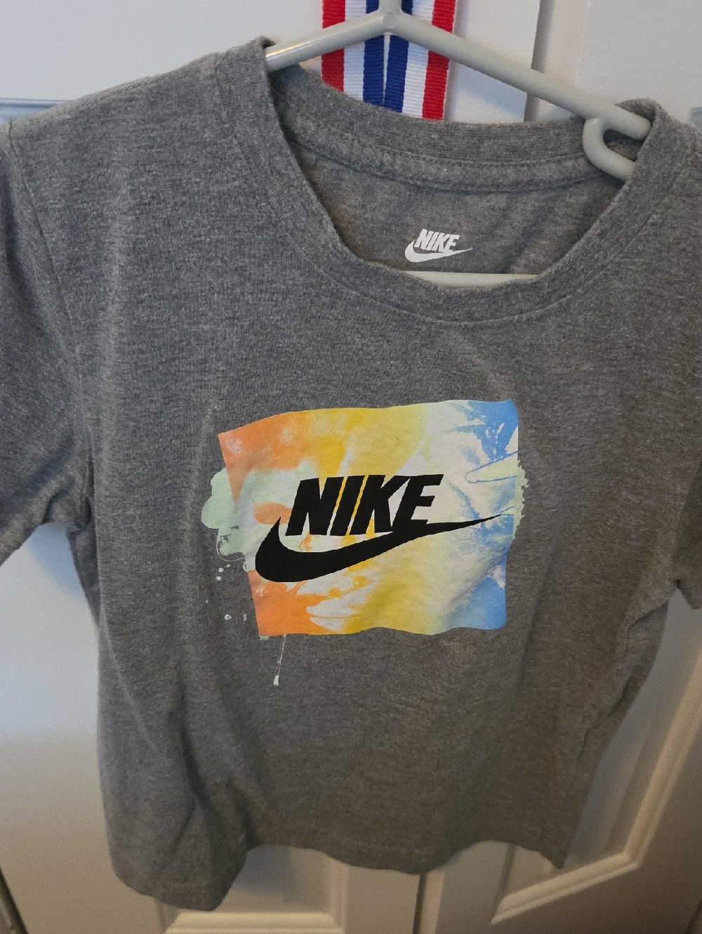 Nike Gray Short-Sleeve Tee with Multicolor Swoosh Graphic